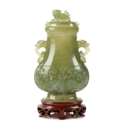 A 20th Century Chinese Green Jade Lidded Vase