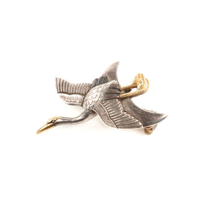 A Fine Quality Edo Period Silver and Gold Whooping Crane Menuki Brooch