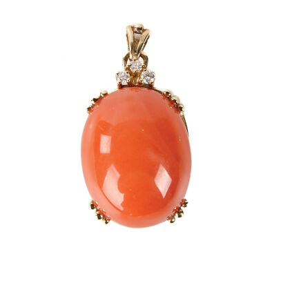 An Ancient Chinese Natural Red Coral and Diamonds Pendant with an 18K Gold Setting