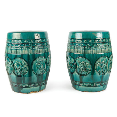 A Pair of Chinese Green Glazed Garden Stools