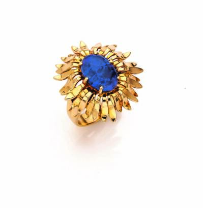 A Modern Opal and Gold Flower Ring