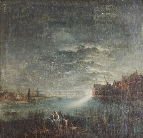 An Oil Painting of a Village at Dusk