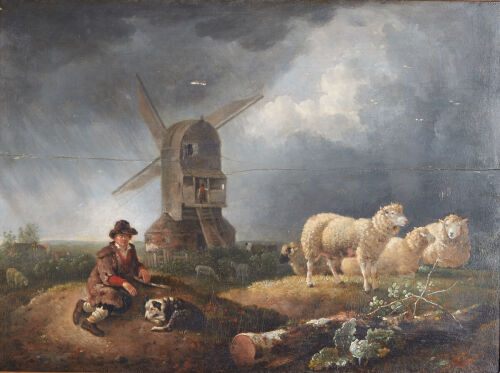 An Oil Painting of a Sheppard at a Windmill