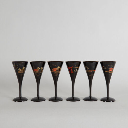 A Set of Six Mid Century Hand Painted Lacquered Glasses