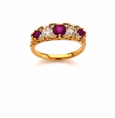 A Yellow Gold Ruby and Diamond Bridge Ring in Victorian Style