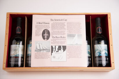 Six bottles of Thomas Hardy America's Cup Port collection in wooden case with booklet and prints in one lot