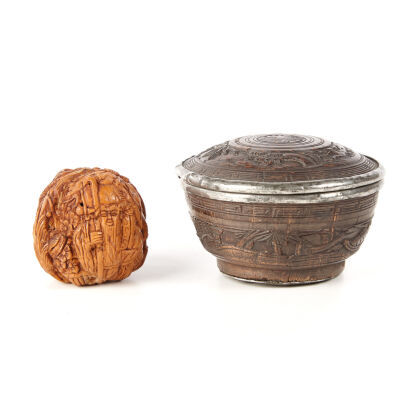 An Ancient Chinese Silver And Wooden Lidded Bowl And A Walnut Carving