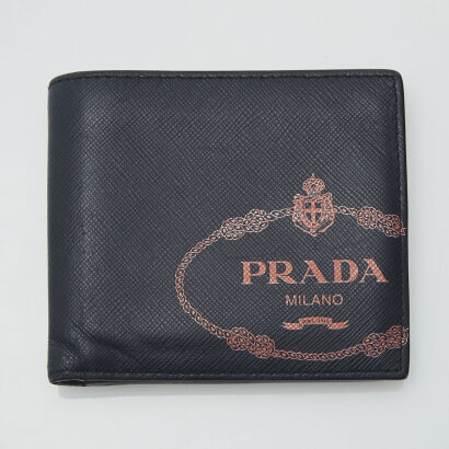 Prada Navy and Orange Saffiano Bifold Wallet