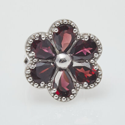 Silver Garnet Flower Ring