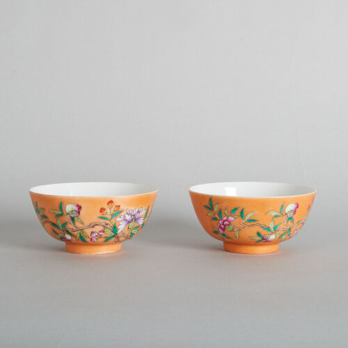 A Pair of Chinese Qing Dynasty Guangxu Period Coral-ground Famille Rose 'Floral' Bowls (Guangxu Nian Zhi Mark)