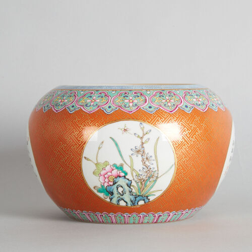 A Chinese Coral-ground Gilt-decorated 'Floral and Poetry' Alms Bowl (Da Qing Qianlong Nian Zhi Mark)