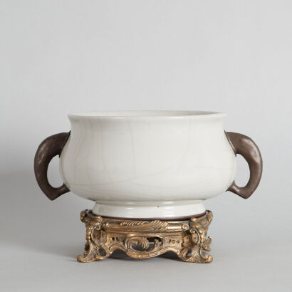 A Chinese Crackle-glazed Censer with two handles and bronze base (Da Qing Qianlong Nian Zhi Mark)