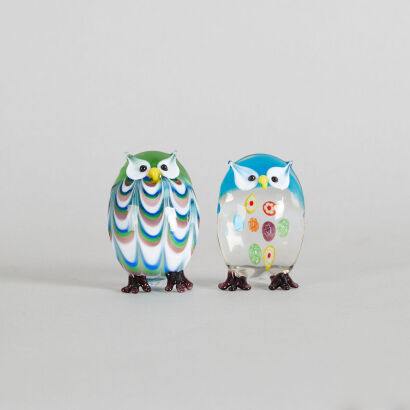 A Pair of Small Murano Hand-Blown Glass Owl with Millefiori