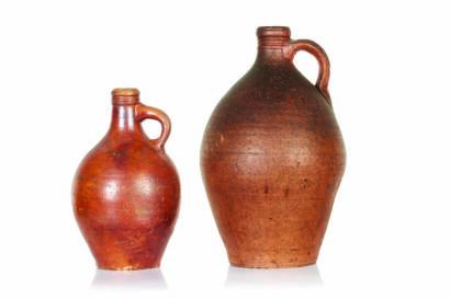 Two Old German Salt Glaze Stoneware Bellarmine Wine Bottles 18th Century