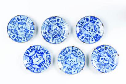 Six 17th Century Kraak Chinese Blue and White Porcelain Bowls