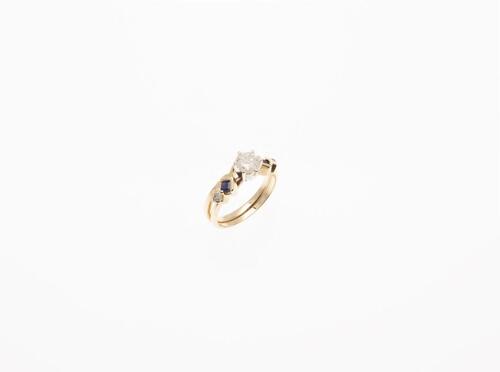 14ct Gold Diamond Solitaire Ring and Sapphire and Diamond Matching Band
