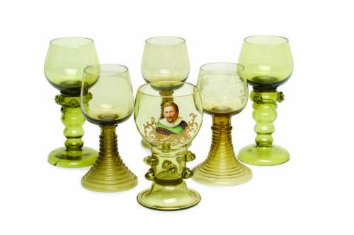 Six Dutch/German Olive Green Glass Roemer Wine Glasses