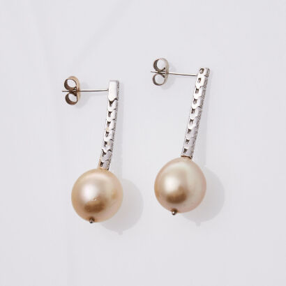 18ct Golden Burmese Cultured Pearl and Diamond Drop Earrings