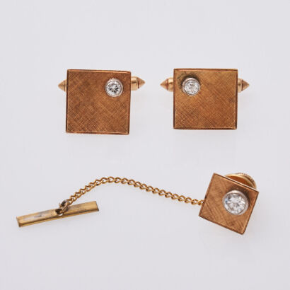 14ct Diamond Retro Cufflinks and Tie Pin Set