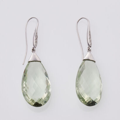 18ct White Gold Green Quartz and Diamond Drop Earrings