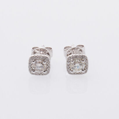 18ct White Gold Diamond Stud Square Halo Earrings