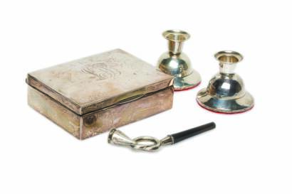 A Sterling Silver Cigarette Box, Cigarette Holder and Candlesticks