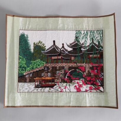 A Chinese Hand Embroidered Silk Art of Landscape