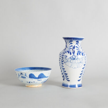 A 19th Century Chinese Blue and White Bowl (chip on foot) & A Chinese Blue and White Vase