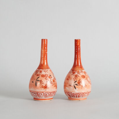 A Pair of Japanese Kutani 'Floral' Bottle Vases