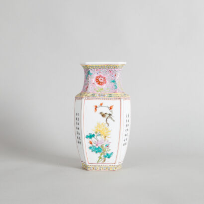 A Chinese Famille Rose Hexagonal Vase