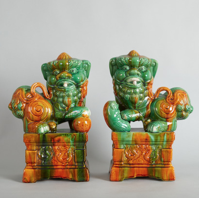 A Pair of Chinese Tri-colour Ceramic Lion Dogs