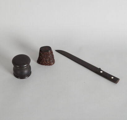 A Chinese Horn Carved Cup, A Wooden Box, A Wooden Knife