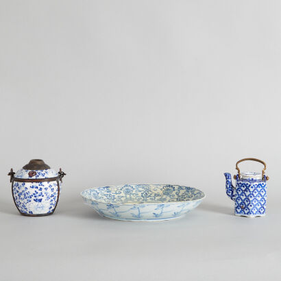 A Chinese Qing Dynasty Kangxi Period Blue and White 'Figural' Saucer, A Chinese Blue and White Jar, A Chinese Blue and White Teapot