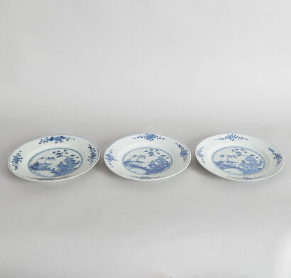 Three 18th Century Chinese Blue and White 'Landscape' Saucers (chipped)