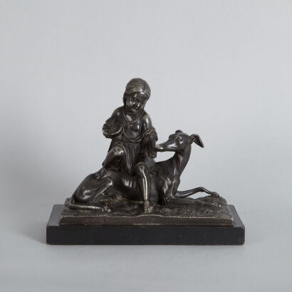 A Vintage French Pewter Child with Greyhound Sculpture