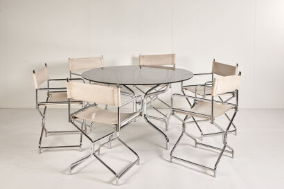 A Circular Glass Dining Table and Six Vinyl Director Chairs