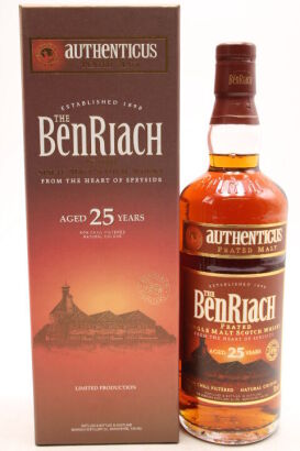 (1) The Benriach Authenticus 25 year old, Peated Single Makt Scotch Whisky, Scotland, 46% ABV