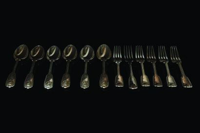 Twelve Mid Victorian Heavy Silver Plated Table Forks and Spoons C. 1860