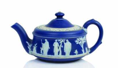 A Late-19th Century Dark Blue Wedgewood Jasperware Teapot