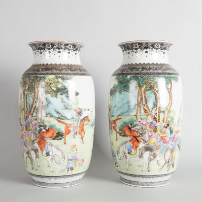 A Pair of 20th Century Chinese Famille Rose 'Figural' Vases (Da Qing Qianlong Nian Zhi Mark)