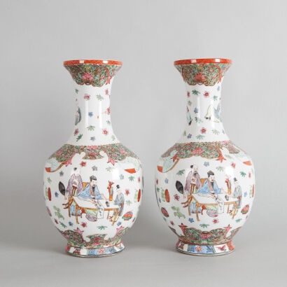 A Pair of Chinese Canton Famille Rose 'Figural' Vases (Da Qing Qianlong Nian Zhi Mark)