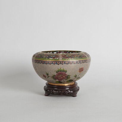 A 20th Century Chinese Cloisonne 'Floral and Fish' Washer and Wood Stand