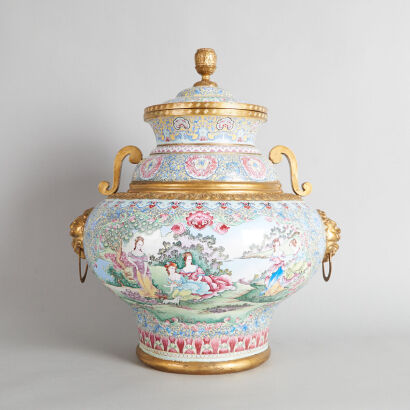 A Chinese Painted Enamel Urn and Wood Stand