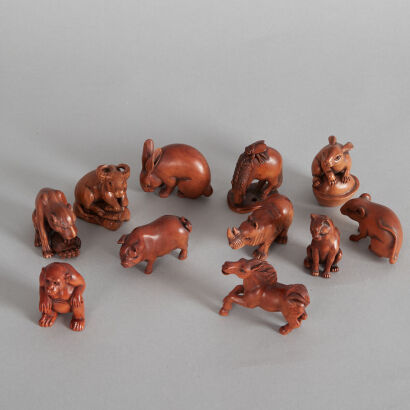 Twelve Japanese Wood Carved Figurines