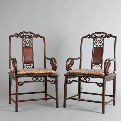 A Pair of 20th Century Chinese Rosewood Armchairs