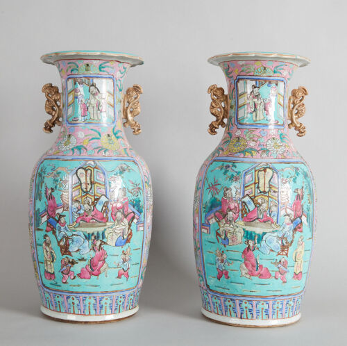 A Pair of 19th Century Chinese Canton Famille Rose 'Figural' Vases with handles