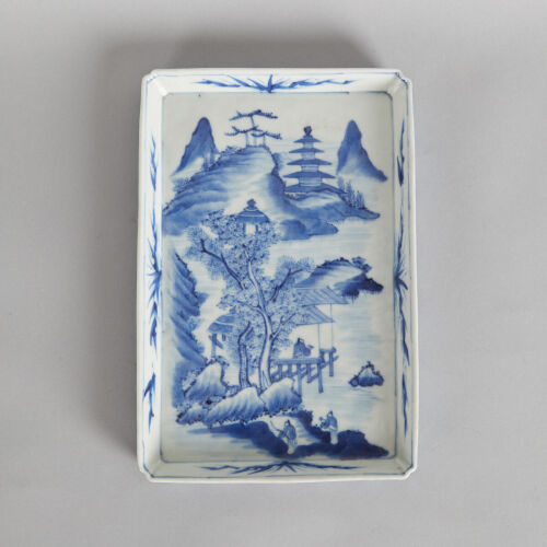 A Chinese Mid-Qing Dynasty Blue and White 'Landscape' Rectangular Saucer