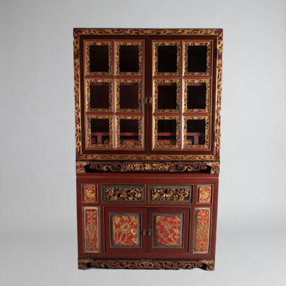 A 19th Century Chinese Late Qing Dynasty Red Lacquered and Gilt-Decorated Cabinet