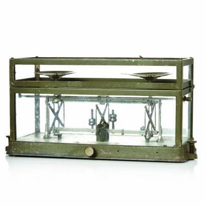 A Glass Framed Scientific Nickel Balance Scale