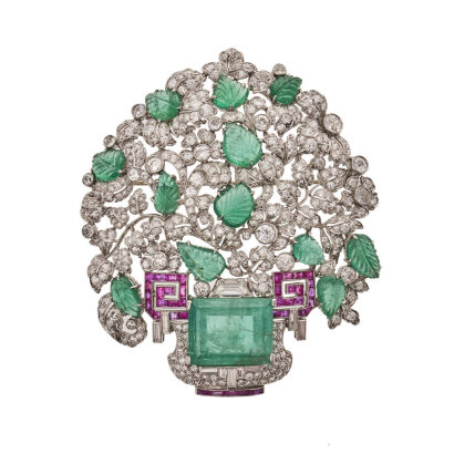 Antique Platinum Emerald Ornate Brooch-Pendant